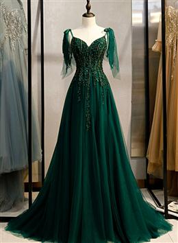 Picture of Dark Green Beaded Tulle Straps A-line Formal Dress, Green Evening Dresses Prom Dress